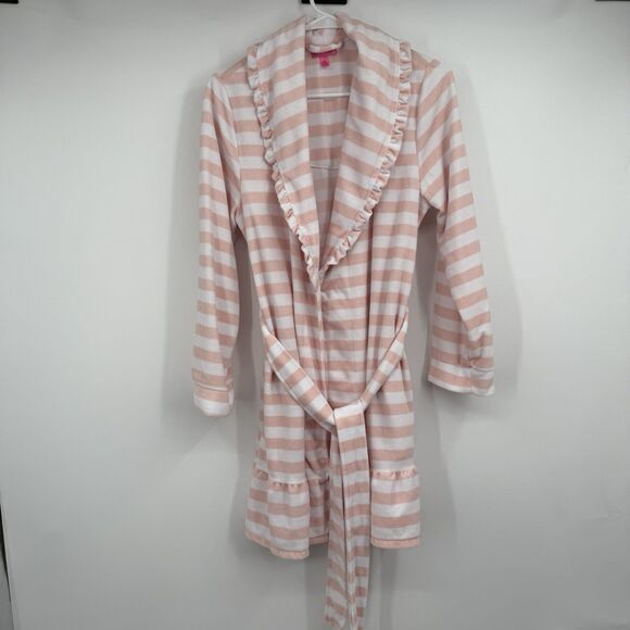 Betsey Johnson Pink Striped Ruffle Soft Robe Lounge Resort Relax Vacation - Picture 1 of 12